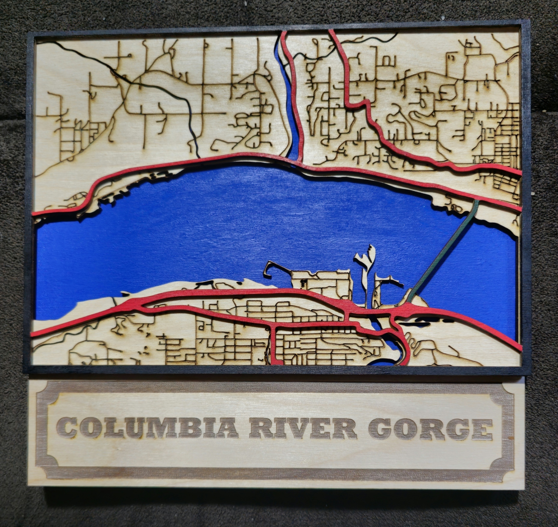 Laser Engraved map of Columbia Gorge - Hood River and White Salmon